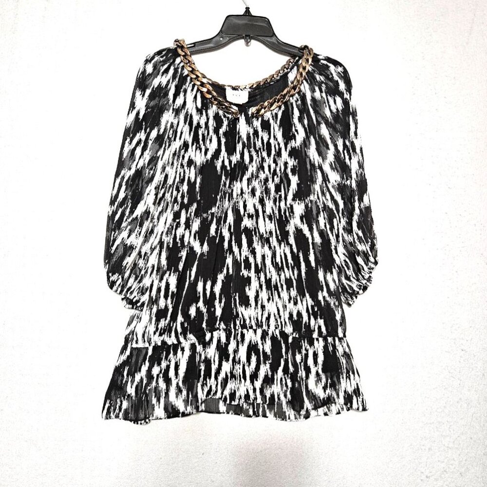 Elegant Chain Neck Animal Print Tunic Top Blk.White/Silver Metallic ECI NY Sz 14